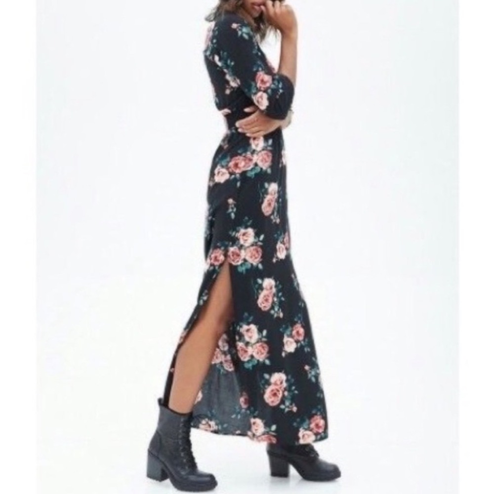 Forever 21 Black Floral Rose Print V-Neck Smocked Waist Maxi Dress S Cottagecore - Picture 5 of 14